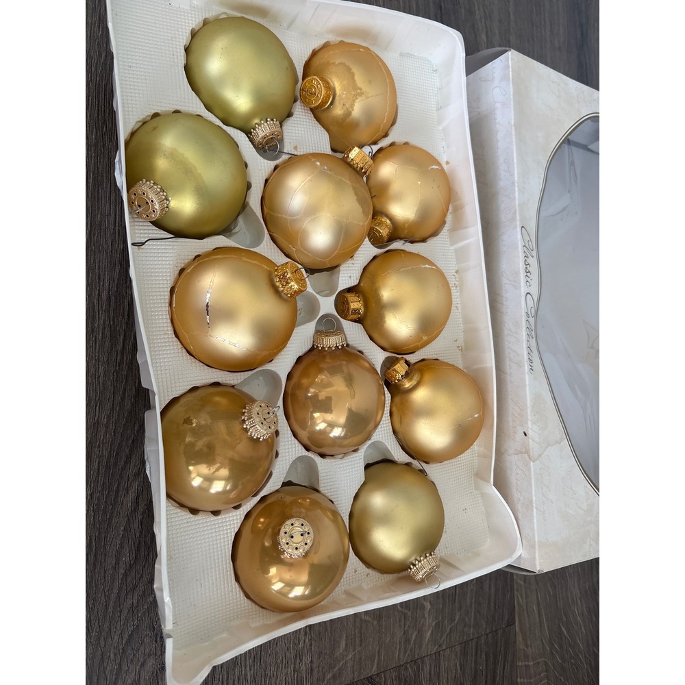 Vintage Classic Collection Gold Glass Ball Christmas Ornaments Set of 12